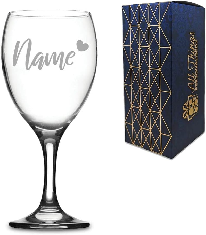 Personalised Engraved Wine Glass with Name and Heart Design, Gift Boxed, Personalise with Any Name