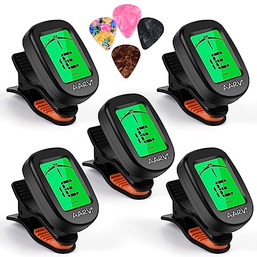 Clip On Guitar Tuner 5 Pack for All Instruments, Acoustic/Electric Guitar, Ukulele, Bass, Violin, Banjo, Large Clear LCD Display for Guitar Tuner, Chromatic Tuner, 20 Pack Guitar Picks Included