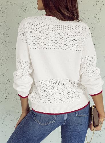 Image of SHEWIN Women's Sweaters Casual Long Sleeve V Neck Crewneck Lightweight Crochet Pullover Sweater Tops