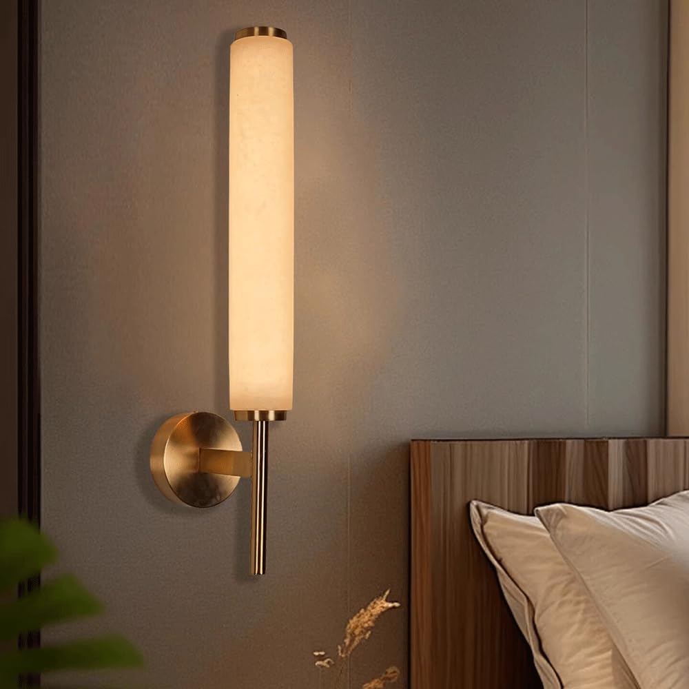 Alabaster Wall Sconces For Living Room 20.47In Modern Spanish Natural Marble Vanity Light Hardwired Gold LED Sconce Lighting Stone Marble Wall Lamp For Bathroom Mirror Bedroom Natural Stone Fixtures