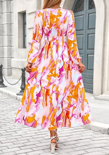 PRETTYGARDEN Women's Floral Midi Dress Casual Fall V Neck Long Sleeve Flowy Spring Beach Wedding Guest Vacation Dresses