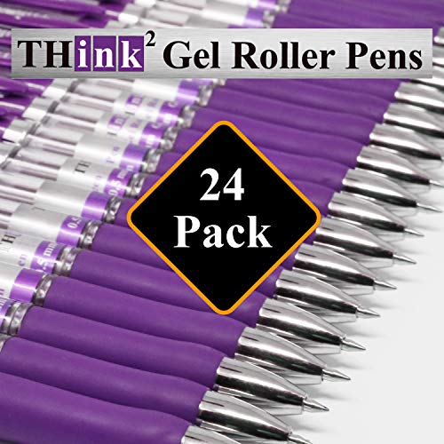 Image of [24 Pens - Purple Ink] Think2 Retractable Gel Pens. (24 Purple) Fine Point (0.5mm) Rollerball Pens with Comfort Grip.