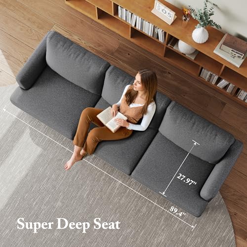 Image of Busaurus 3 Seater Sofa Couch with Deep Seats, 89 inch Mid Century Modern Upholstered Sofa with Armrests, Comfy Couches for Living Room, Bedroom, Apartment and Office (Dark Grey)