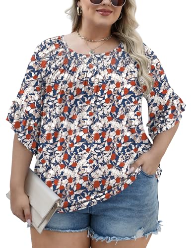 Image of Micoson Womens Plus Size Tops 3 /4 Ruffle Sleeve Crewneck Pleated Shirts