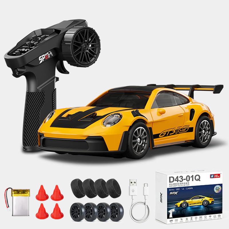 1:43 RC Drift Car, 2.4G Full Proportional 4WD Alloy 20KM/H High Speed RC Racing Car with Gyro, Silent Bearings, Adjustable Speed & Lighting(Q1/Yellow/D43-01)