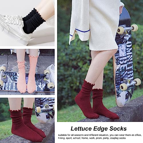 Image of UTTPLL Womens Cotton Crew Socks Ruffle Turn-Cuff Fashion Princess Lettuce Ankle Socks Athletic Thin Gift Dress Socks