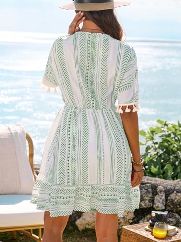 Image of CUPSHE Women Tassel Trim Summer Dress V Neck Lace Short Sleeve Paisley Boho Casual Sundress Holiday Beach Mini Dress