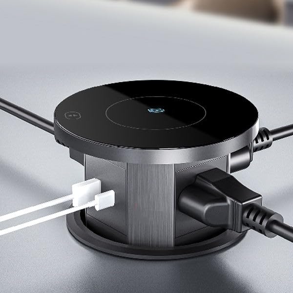 Image of Audiovan Smart Sensor Touch Motorized vertical Pop Up box Power Outlet, 3 AC Outlets with 15W Wireless Charging, USB-A and 18W USB-C Ports, Motorised Design, Black VMP30