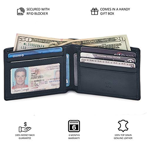 Image of Real Leather Mens Bifold Wallet RFID Blocking Slim Minimalist Front Pocket - Thin & Stylish with ID Window in Gift Box, Midnight Navy Nappa, 4x3.25x0.75, Minimalist