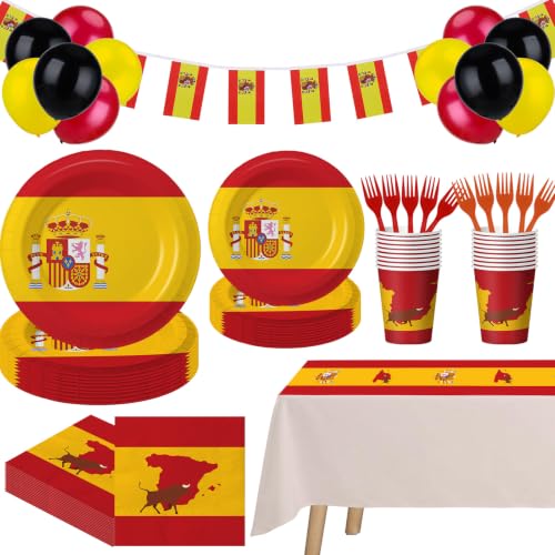 169 Pcs Spain Flag Party Supplies Set Serves 24 Spanish Flag Paper Plates Napkins Cups Forks Balloons Table Runner Mini String Flags for Spanish National Day Hispanic Heritage Festive Party