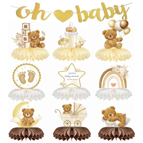 10 unidades decoração bebé shower revelação gênero bebé de urso para gender real centros mesa batismo menino Oh Baby bandeira (bege castanho)