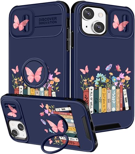 Image of Funermei (2in1 for iPhone 13 Case /for iPhone 14 Case for Women Cute Girls Girly Phone Cover Aesthetic Fashion Books Design with Slide Camera Cover Funda for Apple for iPhone 13 /14 Case