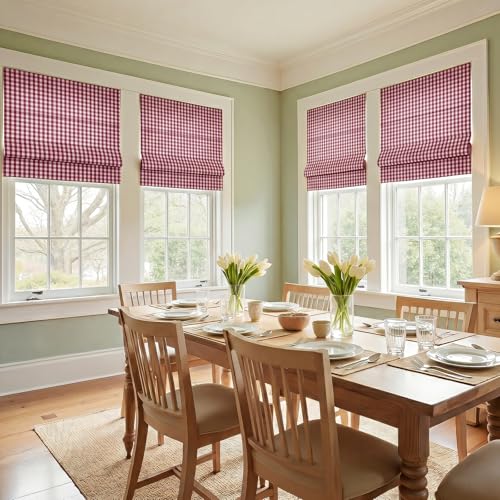 Image of TWOPAGES No Drill Cordless Buffalo Plaid Roman Shades Roman Blinds for Windows, Custom Made Room Darkening Country Checkered Blinds Farmhouse Shades, Red Small Plaid, 1 Piece
