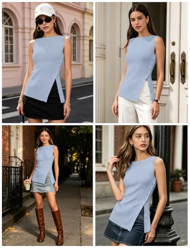Image of OLAPTA Women Asymmetrical Button Down Side Split Sleeveless Tank Tops Boat Neck Slim Fit Summer Casual Side Button Knit Vest