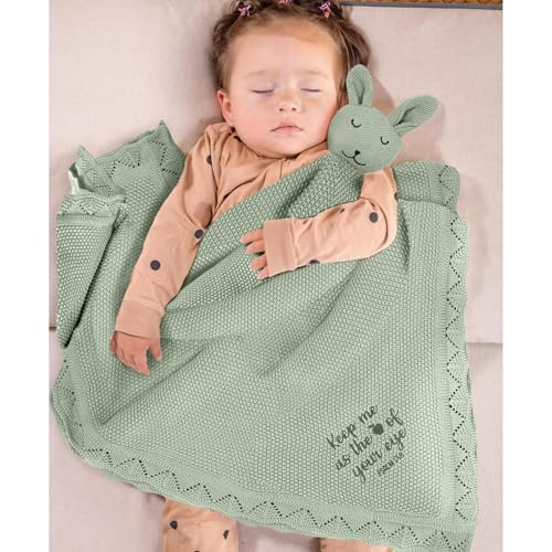 Image of TRANQUIL KIDDO Christian Baby Blanket, Embroidered Baby Blankets with Bible Verse, Knitted with 100% Cotton, Bunny Baby Blanket, Baby Receiving Blankets, Christian Baby Gifts, Sage Green