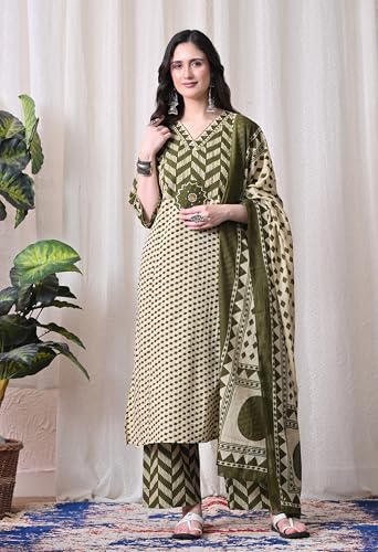 Image of MEERA FAB Women's Cotton Straight Kurta Set, Floral Print with Yoke, with Dupatta and Pants