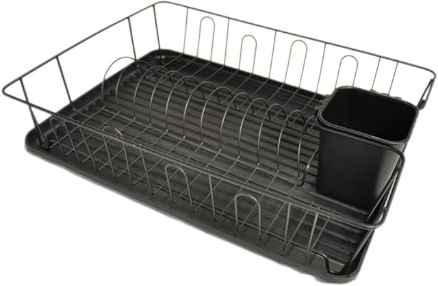 Calitek Dish Rack Drainer Kitchen Sink Countertop Dish Drying Draining Board with Removable Drip Tray and Utensil Holder Anti Rust Compact Design Black