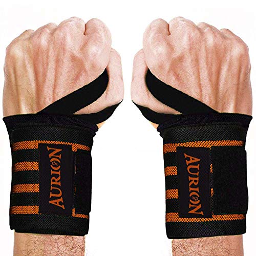 Image of Aurion premium Super Comfort and Durable Weight Lifting Belt (Large, Black, Pack of 1) & AURION Durable Premium Weight Lifting Training Wrist Braces - 1 Pair (Black x Orange, 19 inch)