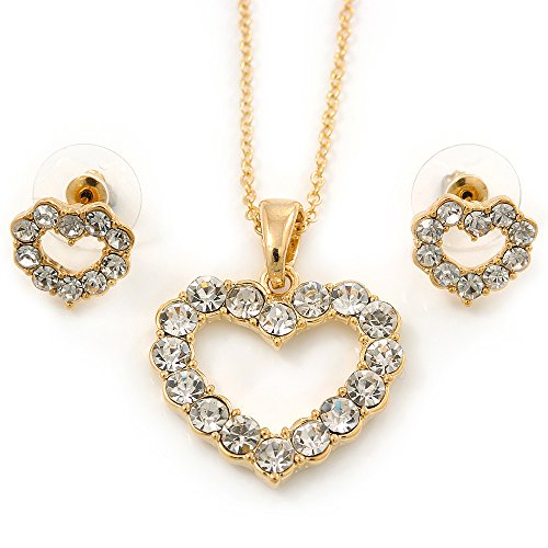 Preisvergleich Produktbild Set mit offen gearbeitetem Anhänger und Ohrsteckern, Herzen, mit transparenten österreichischen Kristallen und goldfarbener Kette
