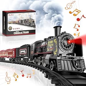 Hot Bee Electric Train Set with Glowing Passenger Carriages, Metal Train for Christmas Tree, Model Train Toys with Smoke, Sound & Light for 3-7 Year Old Boys