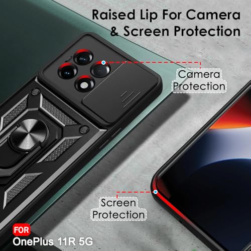 Image of TheGiftKart Tough Armor Bumper Back Cover Case for OnePlus 11R 5G | Ring Holder & Kickstand in-Built | 360 Degree Protection Back Case Cover for OnePlus 11R 5G (PC & TPU, Sliding Camera Cover, Black)