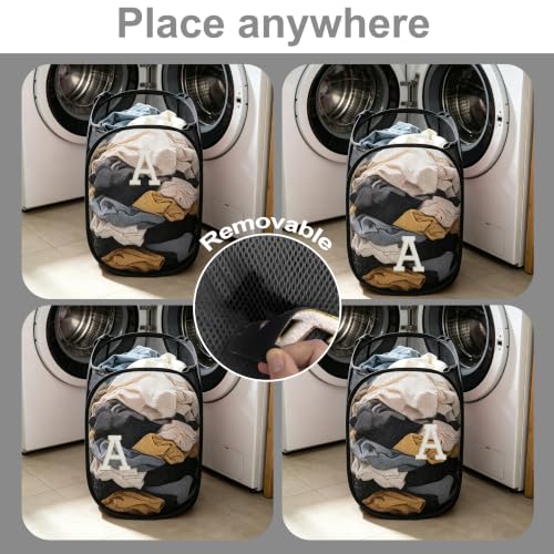 Image of Collapsible Pop Up Laundry Hamper, Extra Large with Removable Initial Letter A, Mesh Foldable Laundry Basket, 28 inch x 16 inch x 16 inch (Black)