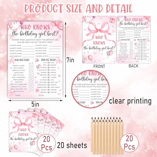 Image of Who Knows The Birthday Girl Best, Pink Party Game Card Set, 5x7 inch, Pink Bow Theme Girls Sleepover Party Supplies, Girls Birthday Night Game Ideas, 20 Cards + 20 Pencils