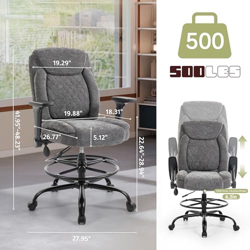 Image of Drafting Chair,Executive Tall Office Chair Flip-up Armrests for Counter Height Desk Drawing Use,High Task Chair with Adjustable Foot Ring &Inflatable Lumbar Support,Swivel Computer Stool, Fabric Grey