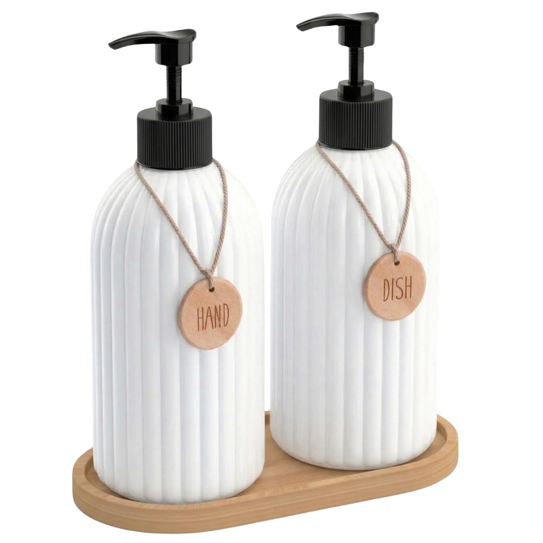 Dispensador de jabón de Manos para baño 2 Unidades 500ml, Juego dispensador de jabón de Platos para Fregadero de Cocina con Bomba de bambú y Bandeja de jabón,dosificador de Madera (Blanco 2)
