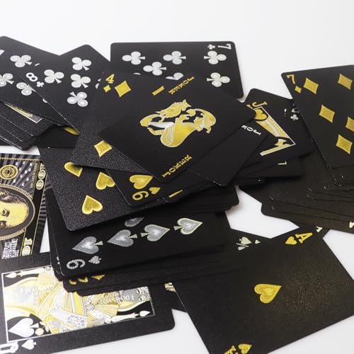 Schwarze Spielkarten mit Goldfolie - Wasserdichtes Dollar Muster Deck, Perfekt für Zaubertricks & Partys (Schwarz) – Bild 6