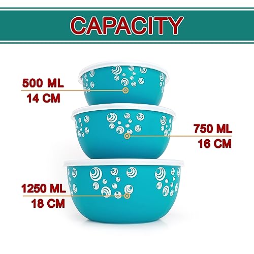 Image of Microsafe Stainless Steel Mixing Bowl Set with Lids - 3-Piece Nesting Bowls for Kitchen Prep, Serving & Food Storage (500ml, 750ml, 1250ml) (3 Turquoise Spiral)
