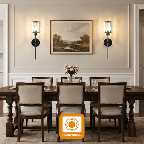Image of KARTOOSH Hardwired Crystal Wall Sconces Set of 2 | 20.1 Inch Black Wall Lights Dimmable 3000K Warm White Wall Lamps for Hallway, Bathroom, Living Room, Bedroom