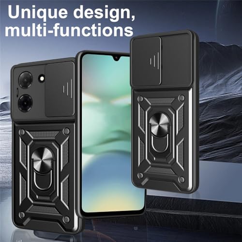 Image of Casodon Heavy Duty Back Case Cover for Tecno Pop 10 5G, Shockproof Tecno Pop 10 Back Cover, Ring Case with Kickstand and Camera Protection Shutter - Black