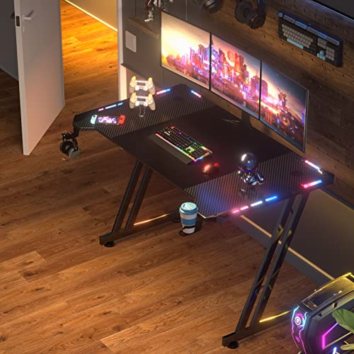 Hldirect 47 Inch Led Gaming Desk Gamer Workstation Carbon Fibre Surface Gamer Table Large Ergonomic Z Shaped Computer Desk With Cup Holder & Hedphone Hook Black #TOP5