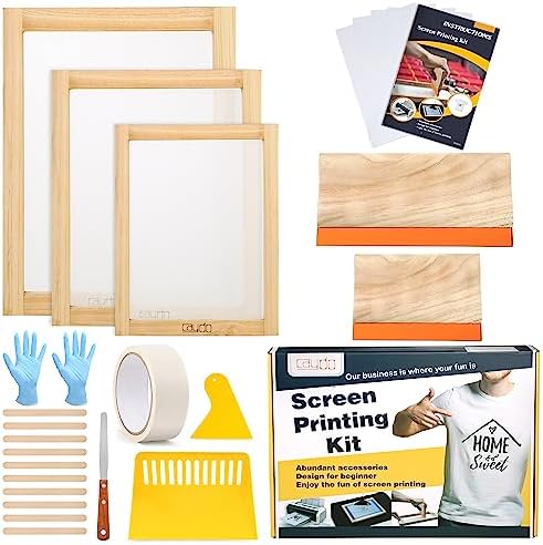 Caydo 23 Pieces Screen Printing Starter kit Include 3 Different Size of Wood Silk Screen Printing Frame with Mesh, Screen Printing Squeegees, Inkjet Transparency Film, Ink Knife, and Mask Tape