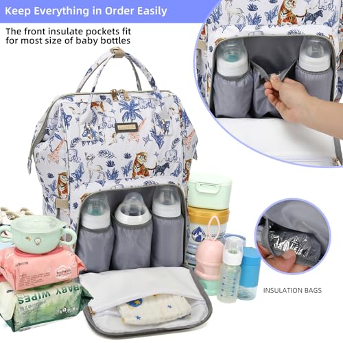 Image of Diaper Bag Backpack, Diaper Bags for Baby Girls Boys, Baby Bags for Moms Dads, Nappy Changing Bag with Insulated Pockets,Multi-functional Waterproof Backpack with Stroller straps-Animal World White
