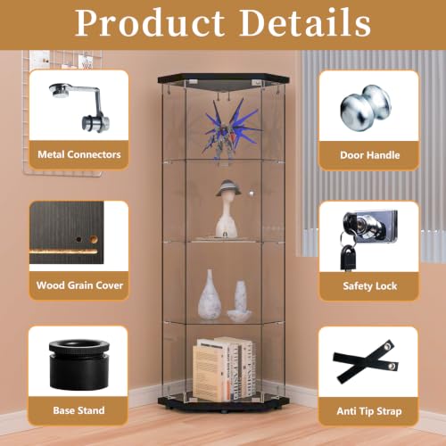Image of Beauty4U Black 5 Corner Glass Display Cabinet, 4-Shelf Curio Cabinet