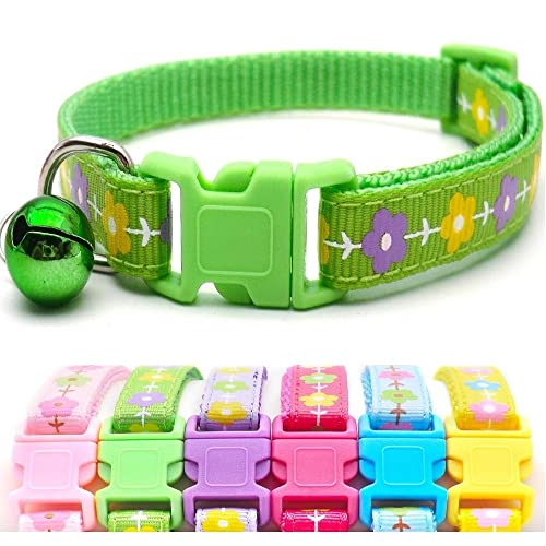 Small Dog Puppy Pet Collar Flower Floral Design with Bell Nylon Adjustable Size 19-32cm Green
