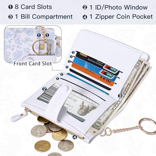 Image of COSHAYSOO RFID Wallet for Women Ladies Slim Compact-Mini Bifold Purse with Card Slots ID Window-Zipper Coin Pocket Bill Holder Keychain Hook Lightweight Waterproof PU Leather-White Orchid