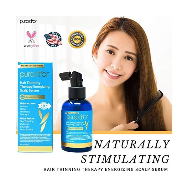 PURA D'OR 4 Oz Hair Thinning Therapy Energizing Scalp Serum Revitalizer - Argan Oil, Biotin, Caffeine, Stem Cell, Catalase & DHT Blockers, All Hair Types, Men & Women