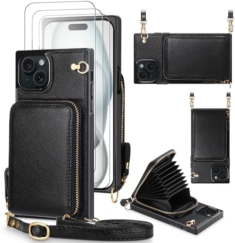 JAKPAK for iPhone 15 Case Wallet Zipper Leather Case with Screen Protector [3 Pack] Protective Case with Lanyard Purse Cover Case for iPhone 15 6.1 inch Black with Card Holder