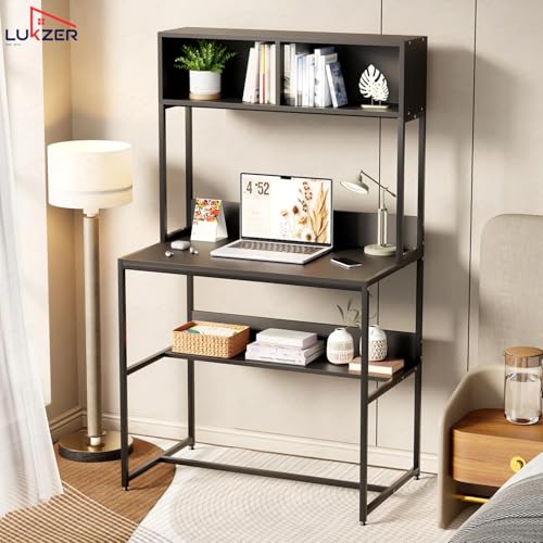 Image of Lukzer Study Table with Open Bookshelf | Engineered Wood with Metal Frame Desk | Modern & Space Saving Computer Workstation with Hutch for Home & Office (MST-010 /Black & Black /143x83x50 cm)