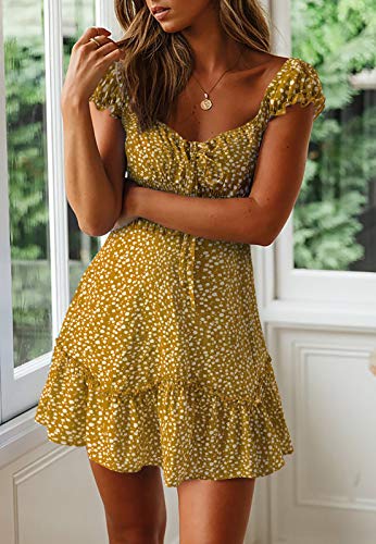 Image of Valphsio Womens Smocked Dress Ruffle Floral Tie Front Boho Short Dresses