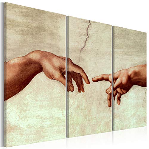 decomonkey Cuadro Lienzo Creación de Adán 120x80 cm 3 piezas Impresión Decoración Cuadro De Pared Material Tejido no Tejido Gráfica Foto Salon Reproducción Michelangelo Marmo Manos Roca Beige Cover