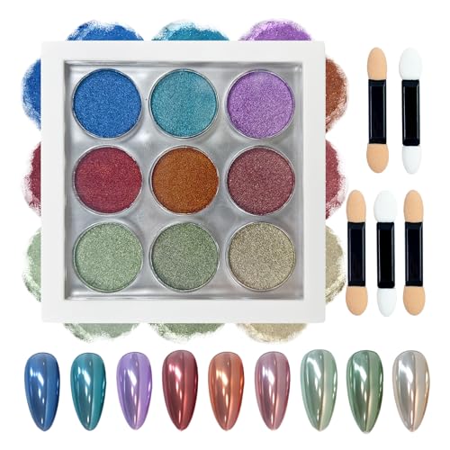 Image of 9 Colors Chrome Nail Powder Palette, Blue Red Purple Green Metallic Mirror Holographic Chrome Powder for Nails, Fine Glitter Nail Art Decoration for Home DIY Salon Manicure Pigment, B