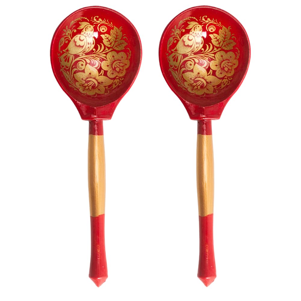 Wooden Spoon for Dinner Khokhloma Tablespoon 7.75-inch Decorative Spoon Dinnerware Kitchen Utensils (Red)