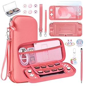 Switch Lite Hülle – innoAura 17 in 1 Switch Lite Zubehör mit Switch Lite Tasche, Switch Spiele Aufbewahrung, Switch Schutzfolie für Switch Lite, Switch Ständer, Switch Joystick Kappen(Koralle)