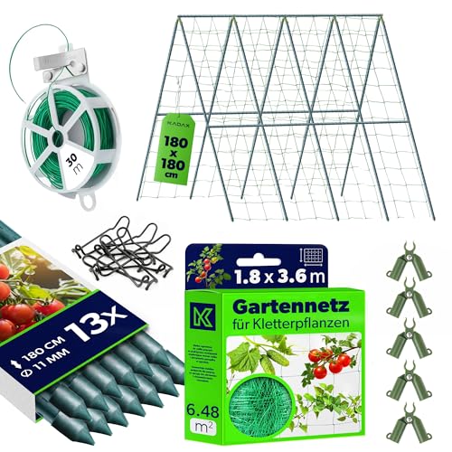 KADAX Gurken Rankhilfe Set 13 x Pflanzstab 180 cm Ranknetz 1 8 x 3 6 m 5 x Pflanzstab-Verbinder 30 m Gartendraht Gurkenrankhilfe Rankgitter Gurkenrankgitter