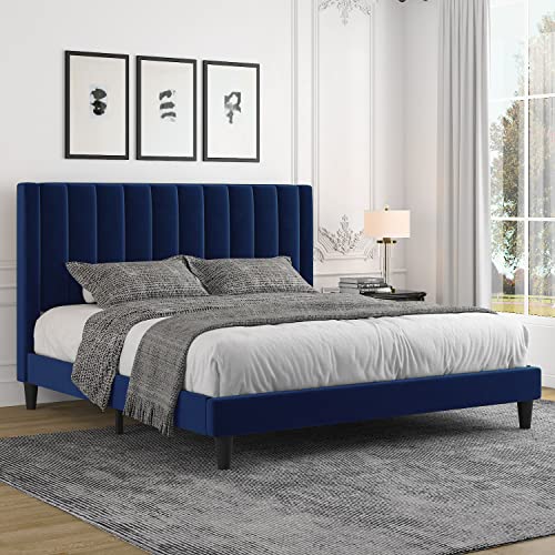 Image of Allewie King Platform Bed Frame /Velvet Upholstered Bed Frame with Vertical Channel Tufted Headboard /Strong Wooden Slats /Mattress Foundation /Box Spring Optional /Easy Assembly /Navy Blue