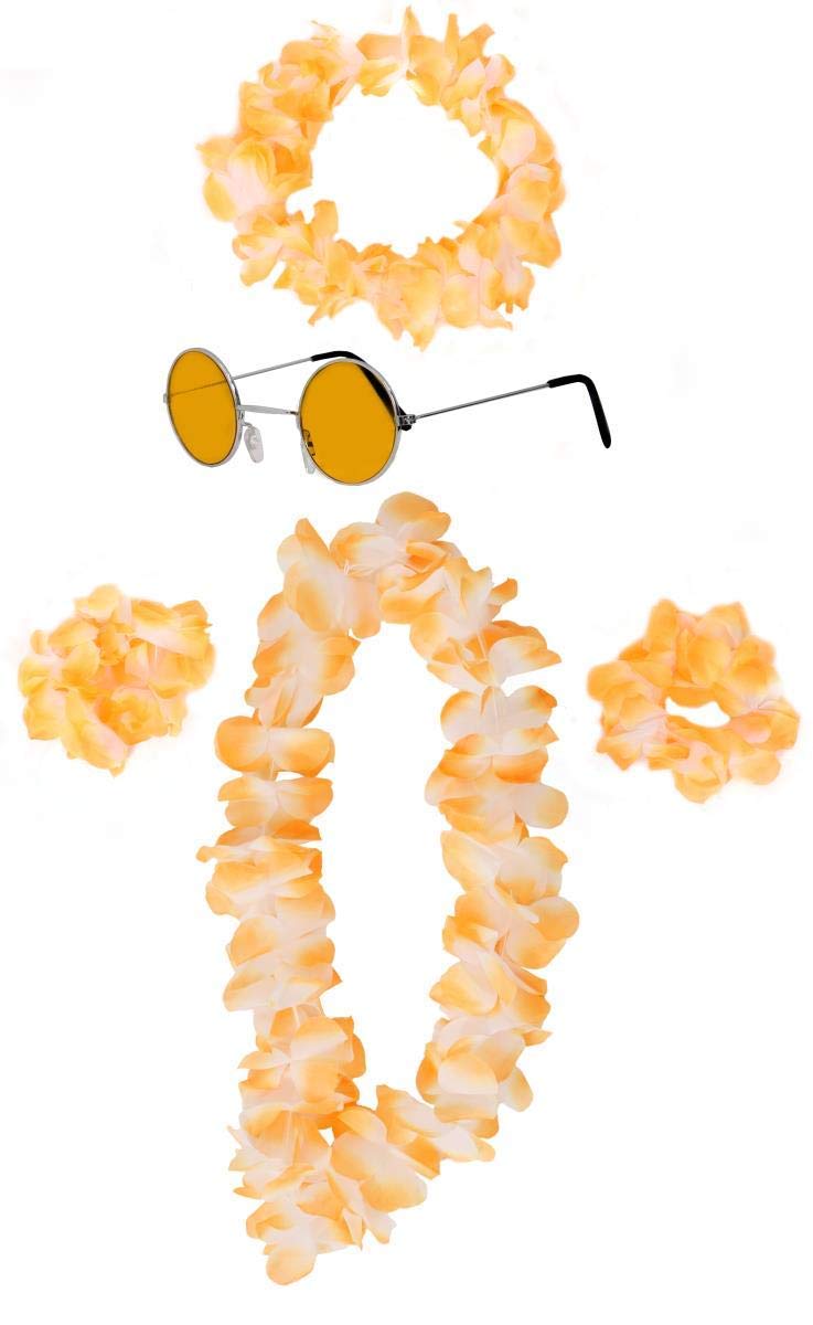 ILOVEFANCYDRESS 5 PIECE HAWAIIAN LEI WITH MATCHING SUNGLASSES COLOUR SET - ORANGE HAWAIIAN LEI, HEADBAND, BRACELETS AND ORANGE LENS ROUND SUNGLASSES